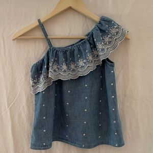 GAP girls blue chambray eyelet ruffle top